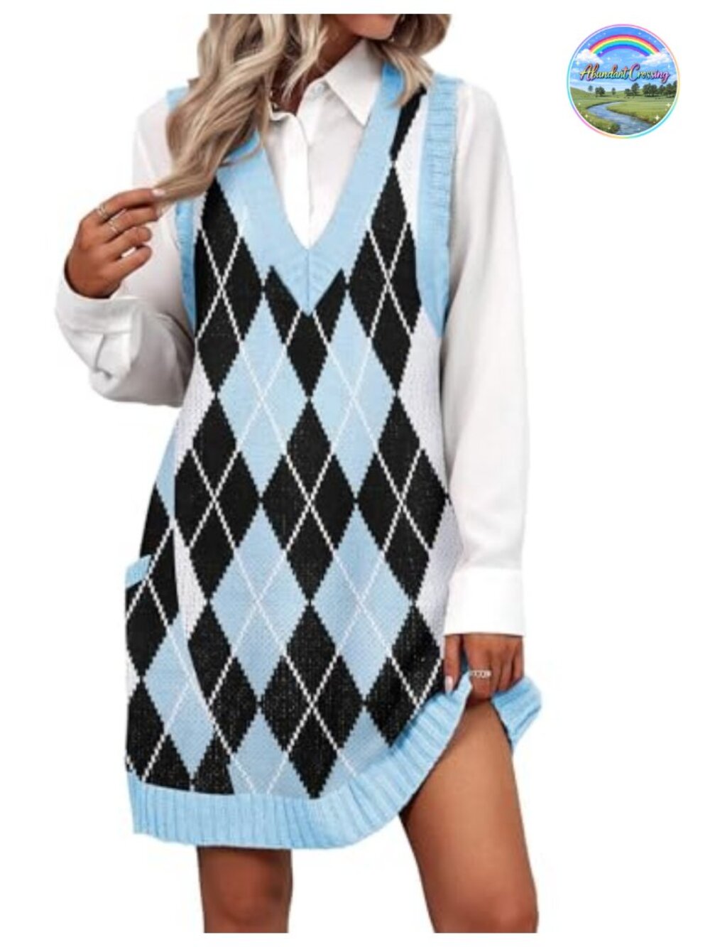 Sleeveless V-Neck Knit Sweater Vest Dress with Pockets